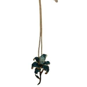 Betsey Johnson Pendant Necklace Teal Rhinestone Floral Gorgeous Rare Flower Gold